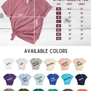 May include: Size chart for adult unisex short sleeve t-shirts. The chart shows sizes XS to 4XL with corresponding chest and length measurements in inches.  The chart is accompanied by a colour chart showing 24 different colours of t-shirts.