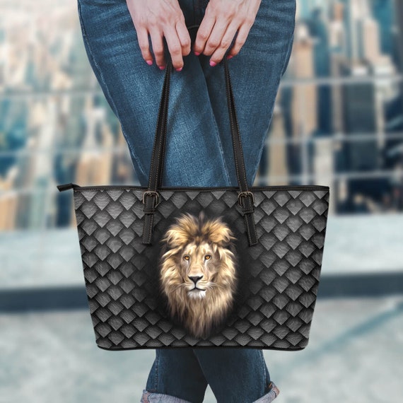 Lion Head With Pattern Book Shopping PU Leather Tote Bag Lion - Etsy
