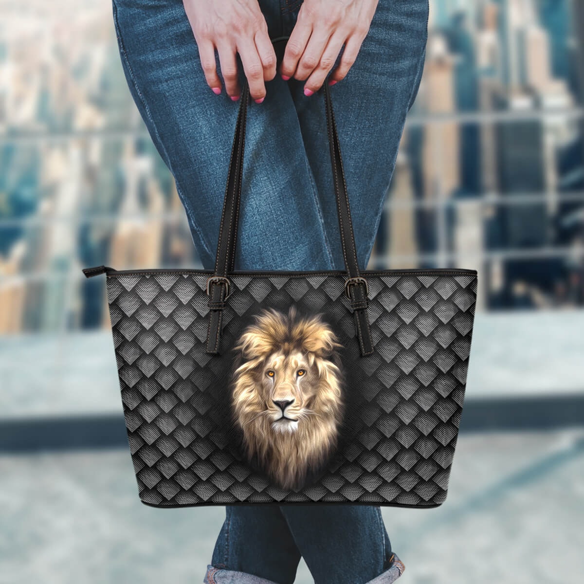 Lion Head With Pattern Book Shopping PU Leather Tote Bag