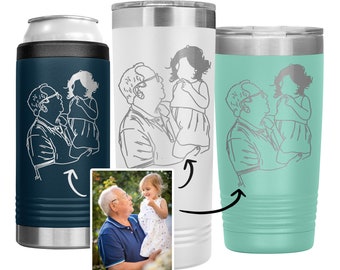 Custom Drawing Photo Birthday Travel Mug for Grandpa, Personalized Granddad & Child Portrait Tumbler, Father's Day Gift from Grandchildren