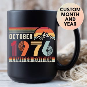 50th Birthday Retro Black Coffee Mug, Born In 1976 Customized Birthday Gift, 50 Years Party Gift for Her And Him, Fifties 50s Bday Tea Cup