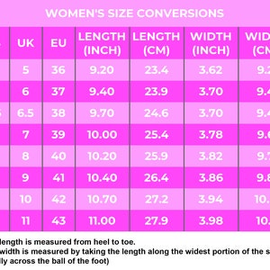 May include: A pink chart with a white border showing women's shoe size conversions in US, UK, EU, inches, and centimeters. The chart shows shoe length and width measurements.