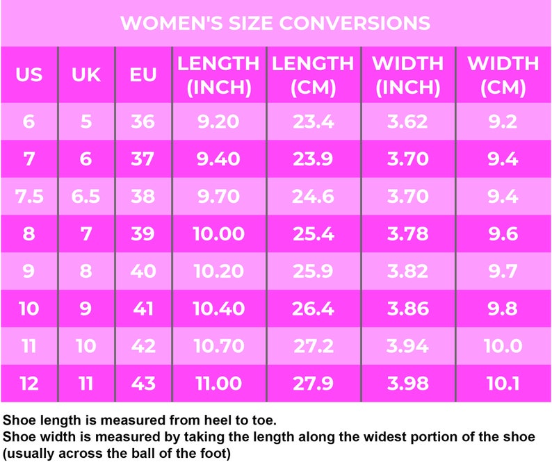 May include: A pink chart with a white border showing women's shoe size conversions in US, UK, EU, inches, and centimeters. The chart shows shoe length and width measurements.