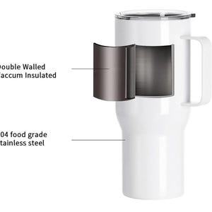 May include: White insulated tumbler with a handle and a lid. The image shows a cross-section revealing double-walled, vacuum-insulated construction. The text indicates the tumbler is made of 304 food-grade stainless steel.