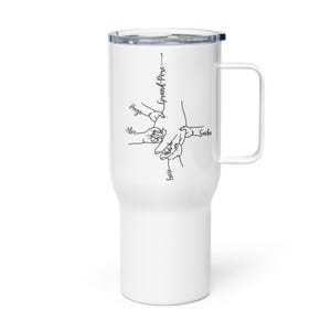 May include: White travel mug with a black illustration of hands and the words "Grand-P&egrave;re", "Hugo", "Alex", "Sacha", and "Lucie". The mug has a handle and a black lid.
