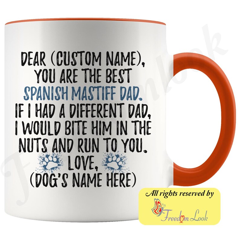 Personalized Spanish Mastiff Dad Gifts, Mastín Español Dog Owner Coffee Mug, Mastín de España Dog Men Gifts, Mastín Leones Dog Daddy Gift Orange & White