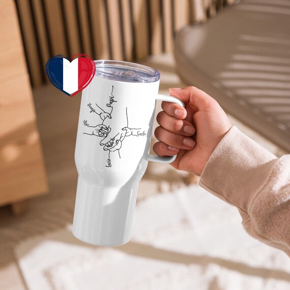 Papi - Mug de Voyage Isotherme Personnalisé avec Prénoms des Enfants, Gobelet Inox Mains Parent-Enfant Line Art, Cadeau Unique de la Famille
