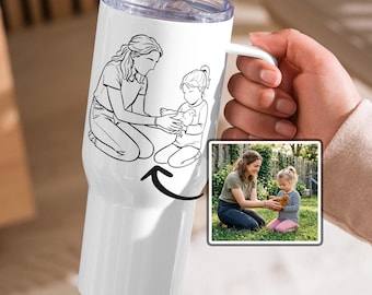 Mug de voyage personnalisé pour baby-sitter et enfant avec anse, dessin au trait personnalisé à partir de la photo chargée Cadeau de remerciement pour nounou gobelet pour personne de famille