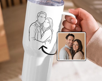 Mug de voyage avec photo au trait pour jeunes mariés avec anse, gobelet pour couple personnalisé, verres pour anniversaire de mariage, cadeau de fiançailles personnalisé