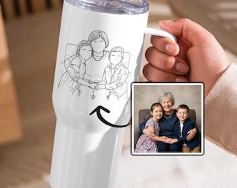 Gobelet contour personnalisé grand-mère et petits-enfants avec anse, tasse de voyage personnalisée grand-mère et enfants, cadeau d'anniversaire dessin au trait photo