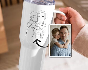 Gobelet de voyage isotherme père et enfant avec anse, dessin au trait personnalisé à partir d'une photo, grand gobelet personnalisé pour papa, grand cadeau d'enfant