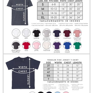 May include: Size chart for youth and toddler unisex short sleeve t-shirts. The chart shows the label size, fits sizes, width, chest, and length in inches. The chart also includes colour options for the shirts, such as white, ash, black, athletic heather, navy, maroon, heather mauve, dark grey heather, red, pink, natural, team purple, true royal, and kelly.