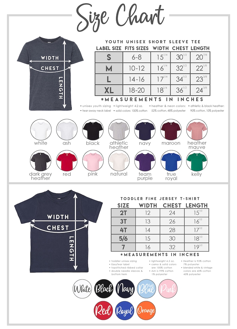 May include: Size chart for youth and toddler unisex short sleeve t-shirts. The chart shows the label size, fits sizes, width, chest, and length in inches. The chart also includes colour options for the shirts, such as white, ash, black, athletic heather, navy, maroon, heather mauve, dark grey heather, red, pink, natural, team purple, true royal, and kelly.