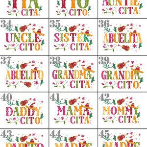 May include: A set of 12 colourful printable designs featuring various family member titles in Spanish and English. The designs include a guitar, sombrero, and floral accents. The titles include Tia, Tio, Auntie, Uncle, Sister, Abuelita, Abuelito, Grandma, Grandpa, Daddy, Mama, Mommy, Papito, Madre.