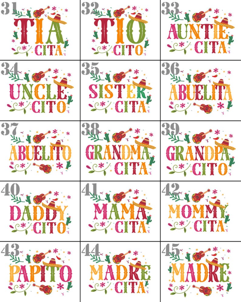 May include: A set of 12 colourful printable designs featuring various family member titles in Spanish and English. The designs include a guitar, sombrero, and floral accents. The titles include Tia, Tio, Auntie, Uncle, Sister, Abuelita, Abuelito, Grandma, Grandpa, Daddy, Mama, Mommy, Papito, Madre.