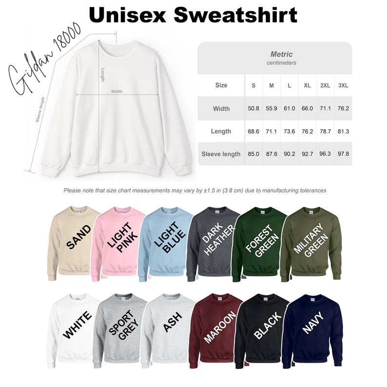 May include: A Gildan 18000 unisex sweatshirt size chart featuring a white crewneck sweatshirt with labelled length, width, and sleeve length dimensions. A metric table lists sizes S through 3XL with corresponding measurements in centimetres.