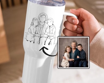 Gobelet contour personnalisé grand-mère et petits-enfants avec anse Mug de voyage grand-mère et enfants dessin au trait photo personnalisé verres cadeau d'anniversaire