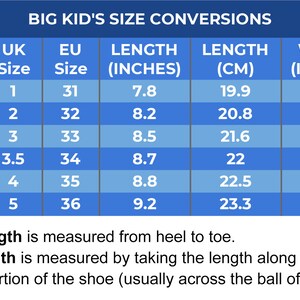 May include: A blue chart with a table showing big kid's shoe size conversions in US, UK, EU, inches, and centimeters. The table shows shoe length and width measurements.