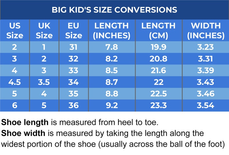 May include: A blue chart with a table showing big kid's shoe size conversions in US, UK, EU, inches, and centimeters. The table shows shoe length and width measurements.