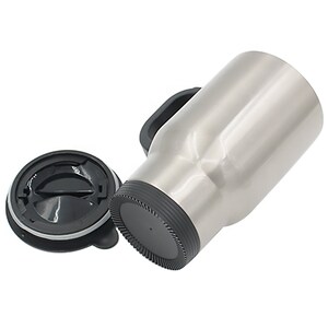 May include: A stainless steel travel mug with a black handle and a black lid. The lid has a small opening for drinking.