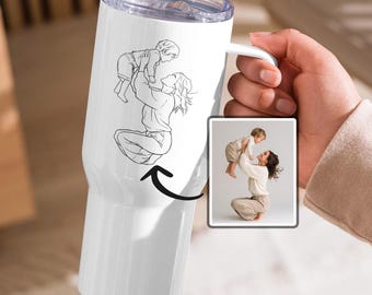 Gobelet contour personnalisé maman et enfant avec anse, tasse de voyage maman personnalisée, dessin au trait photo enfant à mère, cadeau d'une fille ou d'un fils à maman