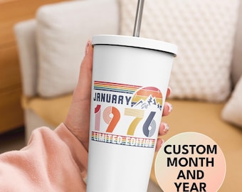 50th Birthday Retro Insulated Tumbler With A Straw, Born In 1976 Customized Travel Mug, 50 Years Birthday Party Gifts, Fifties 50s Bday Gift