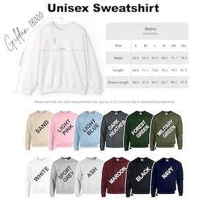 May include: A Gildan 18000 unisex sweatshirt size chart featuring a white crewneck sweatshirt with labeled length, width, and sleeve length dimensions. A metric table lists sizes S through 3XL with corresponding measurements in centimeters.
