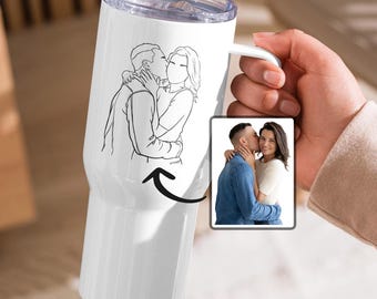 Gobelet contour de couple personnalisé avec anse, tasse de voyage d'anniversaire personnalisée, verres pour le mariage de M. et Mme, tasse de voyage à café avec dessin au trait photo