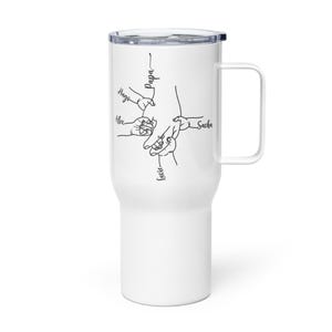 May include: White travel mug with a black line drawing of hands holding each other. The names "Hugo", "Alex", "Lucie", "Sacha", and "Papa" are written in black script. The mug has a handle and a black lid.