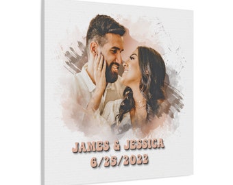 Personalized Watercolor Couple Portrait On Canvas, Custom Wedding Anniversary Wall Art for Wife & Husband, Partners Engagement Wall Decor