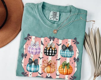Chemise couleurs confort citrouille d'Halloween, jolies chemises à ruban avec noeud citrouille coquette, t-shirt effrayant chauve-souris Jack O Lantern, cadeau pour les t-shirts de la saison d'automne