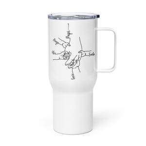 May include: White travel mug with a black line drawing of hands holding each other. The names "Hugo", "Alex", "Lucie", and "Sacha" are written near the hands. The word "Papi" is written above the hands.