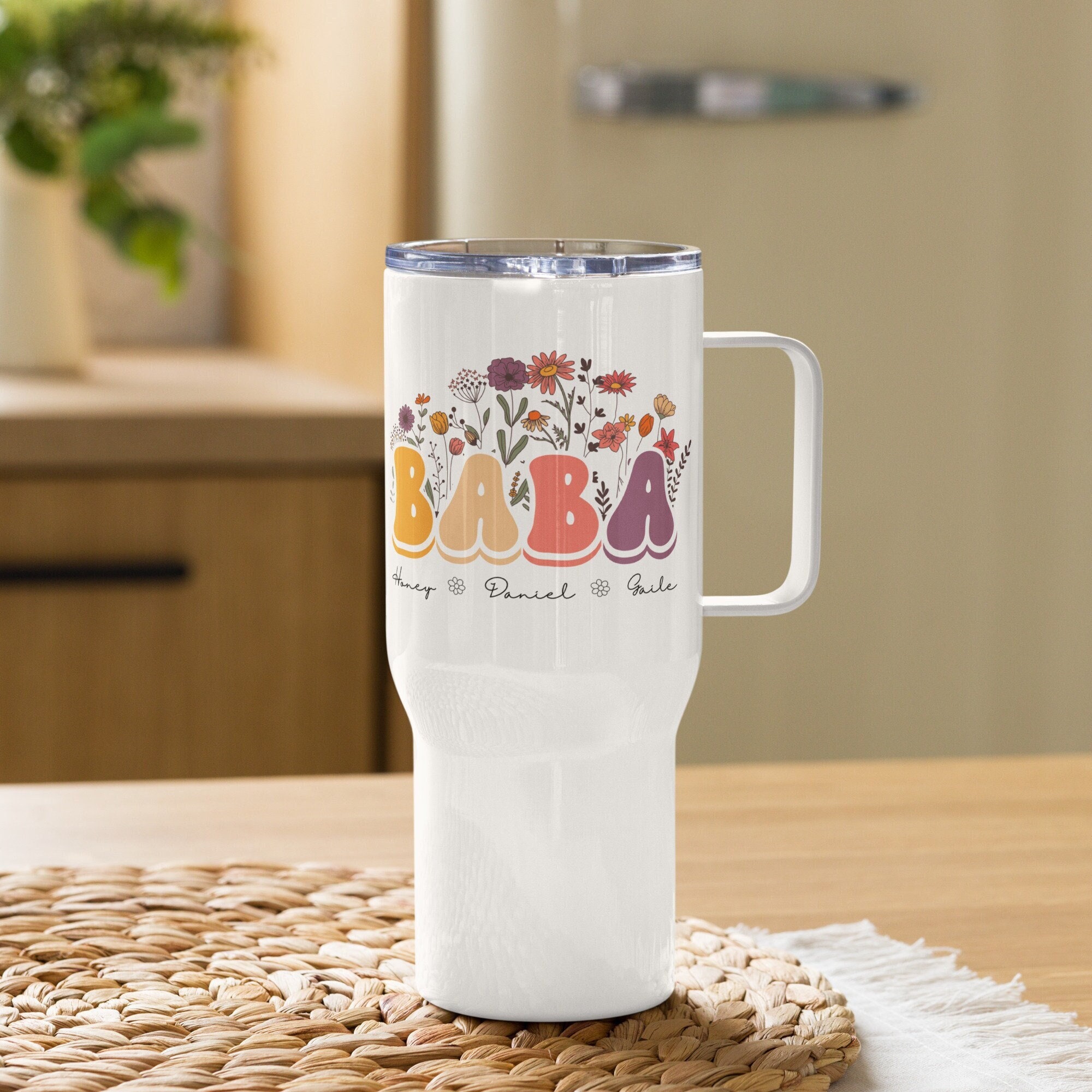 Personalized Floral Baba Retro Travel Mug, Gift For New Grandmother With Custom Grandkids Names, Baby Announcement, Pregnancy Reveal Tumbler