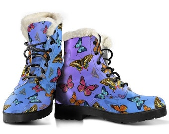 Colorful Butterflies Women Faux Fur Boots, Butterflies Booties, Butterfly Lover Gift, Butterfly Shoes Art Pattern, Miraculous Women's Boots
