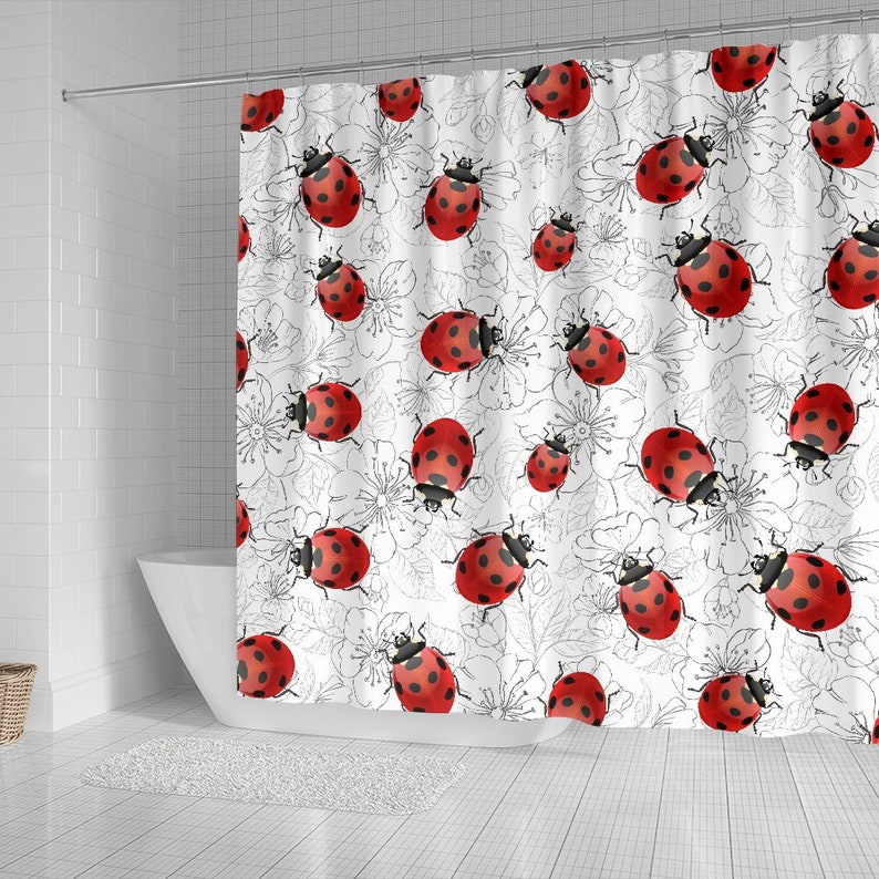 Ladybugs Flowers Shower Curtain, Ladybug Shower Curtain