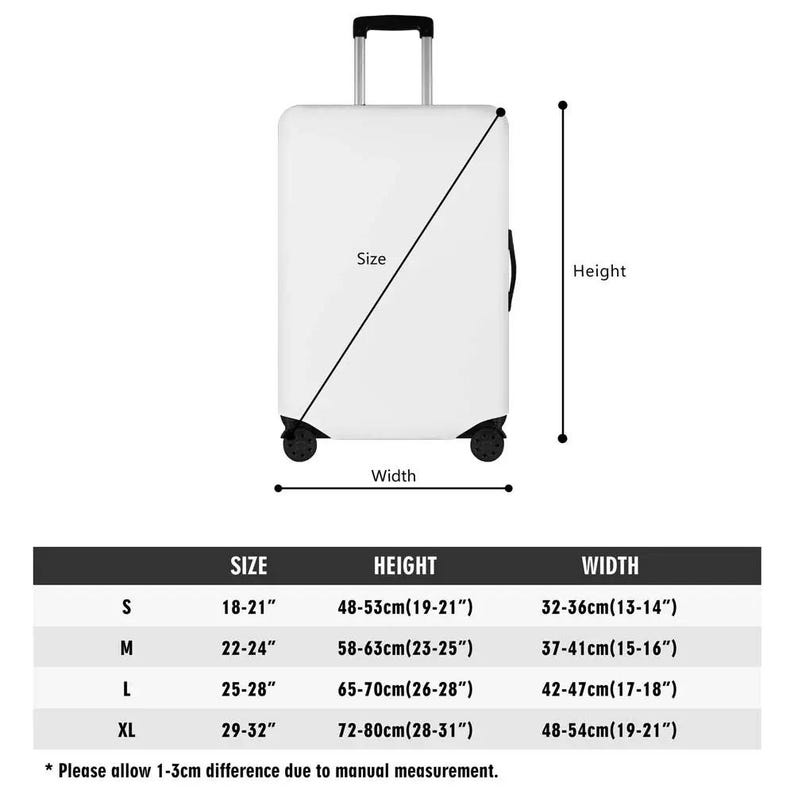 May include: A white suitcase with a black handle and wheels. The suitcase is labeled with the size, height, and width in inches and centimeters. The sizes are S, M, L, and XL.