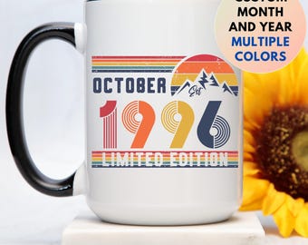 30th Birthday Retro Coffee Mug, Born In 1996 Customized Gift, 30 Years Happy Birthday Party Gift, Thirties 30s Bday Mug For Daughter Or Son