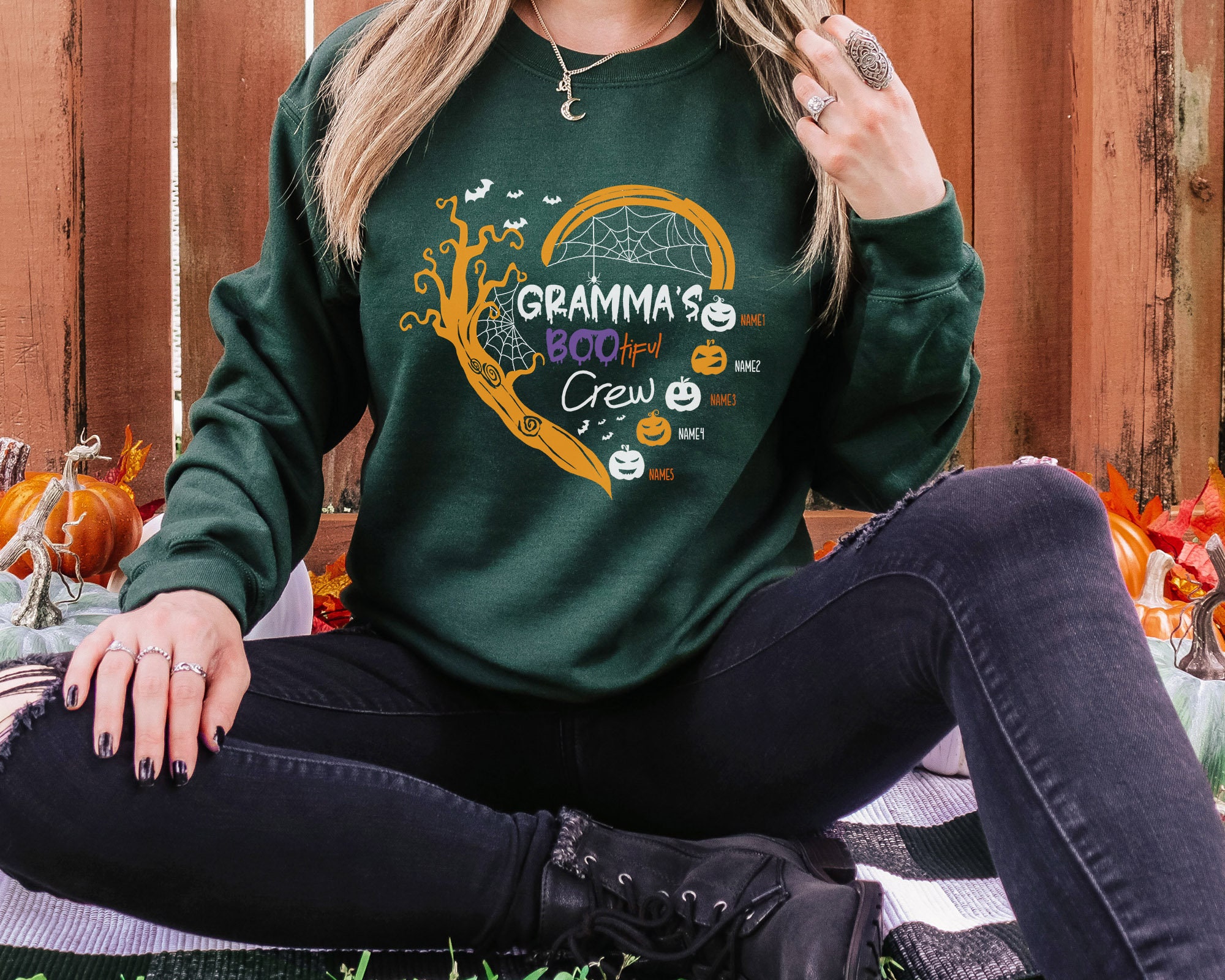 Discover Personalized Gramma's Bootiful Crew Sweatshirt, Grandma Halloween Present, Grandma Present with Customized Kids Name, Halloween Costume Gift