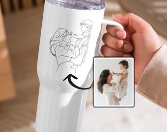 Gobelet personnalisé maman et enfant avec anse Mug de voyage maman personnalisé photo mère et enfant dessin au trait verres bouteille d'eau maman cadeau