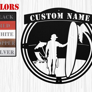 Custom Beach Wave Surfing Metal Wall Art, Personalized Surfer Name Wall Sign, Summer Vibes Surfing Metal Art, Surfer Longboard Metal Sign