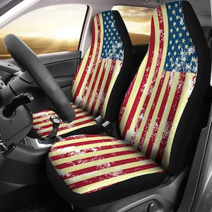 Vintage Style USA Flag Car Seat Covers, Country Lover Front Car Cover Gift, Custom Car Seats, Pair Of Covers, Car Seat Print Set