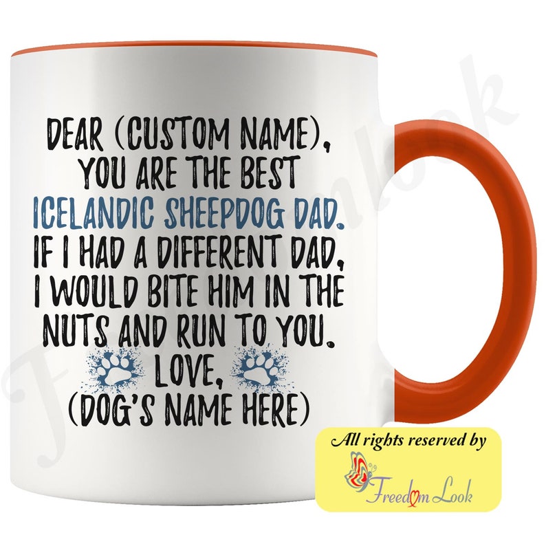 Personalized Icelandic Sheepdog Dog Dad Coffee Mug, Icelandic Spitz Dog Owner, Iceland Dog Dog Men Gifts, Icelandic Spitz Daddy Present Gift Orange & White