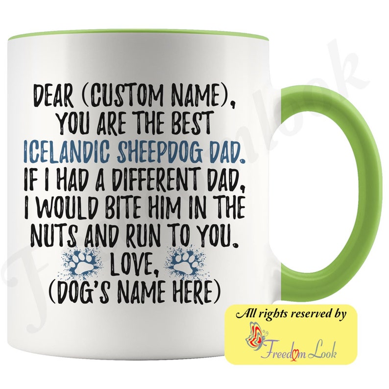 Personalized Icelandic Sheepdog Dog Dad Coffee Mug, Icelandic Spitz Dog Owner, Iceland Dog Dog Men Gifts, Icelandic Spitz Daddy Present Gift Green & White