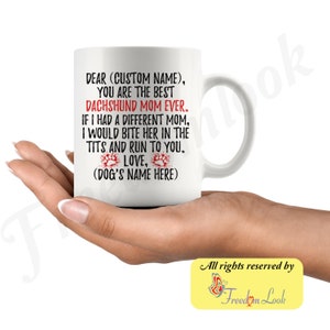 Gepersonaliseerde teckel moeder geschenken, Doxie eigenaar mok, teckel hond geschenken voor vrouwen, daschund hond mok, Dotson mom present gift, Weenie hond mam White / 11 oz