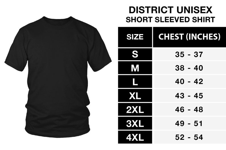 Puede incluir: Tabla de tallas para una camiseta unisex de manga corta. La tabla muestra las medidas del pecho en pulgadas para las tallas S, M, L, XL, 2XL, 3XL y 4XL.