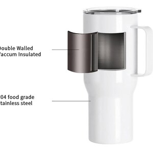 May include: White insulated tumbler with a handle and a lid. The image shows a cross-section revealing double-walled, vacuum-insulated construction. The text indicates the tumbler is made of 304 food-grade stainless steel.