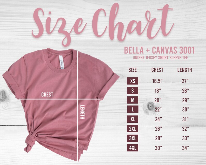 Op de afbeelding: Een stoffig roze Bella + Canvas 3001 unisex jersey T-shirt met korte mouwen, met een maattabel. De tabel geeft borst- en lengtematen in inches voor de maten XS tot 4XL. Het shirt wordt weergegeven met afmetingen.
