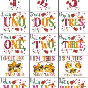 May include: A set of 15 printable designs featuring a variety of colourful and festive designs with numbers, words, and images related to a Mexican fiesta theme. The designs include the numbers 1 through 3, the words "uno", "dos", "tres", "one", "two", "three", "just one taco old", "I'm this many tacos", and "mini cito".
