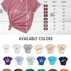 May include: A mauve-colored t-shirt with a size chart and color options. The size chart shows chest and length measurements in inches. Available colors include white, black, and various shades of blue, green, and pink.