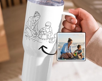 Mug de voyage personnalisé pour baby-sitter avec anse, portrait dessiné au trait personnalisé à partir d'une photo, cadeau de remerciement pour baby-sitter et enfant, gobelet pour nounou